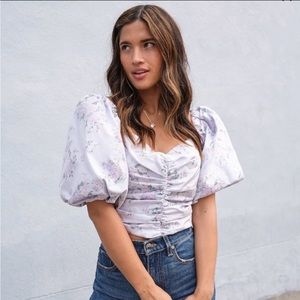 Express Floral Puff Sleeve Ruched Cropped Top